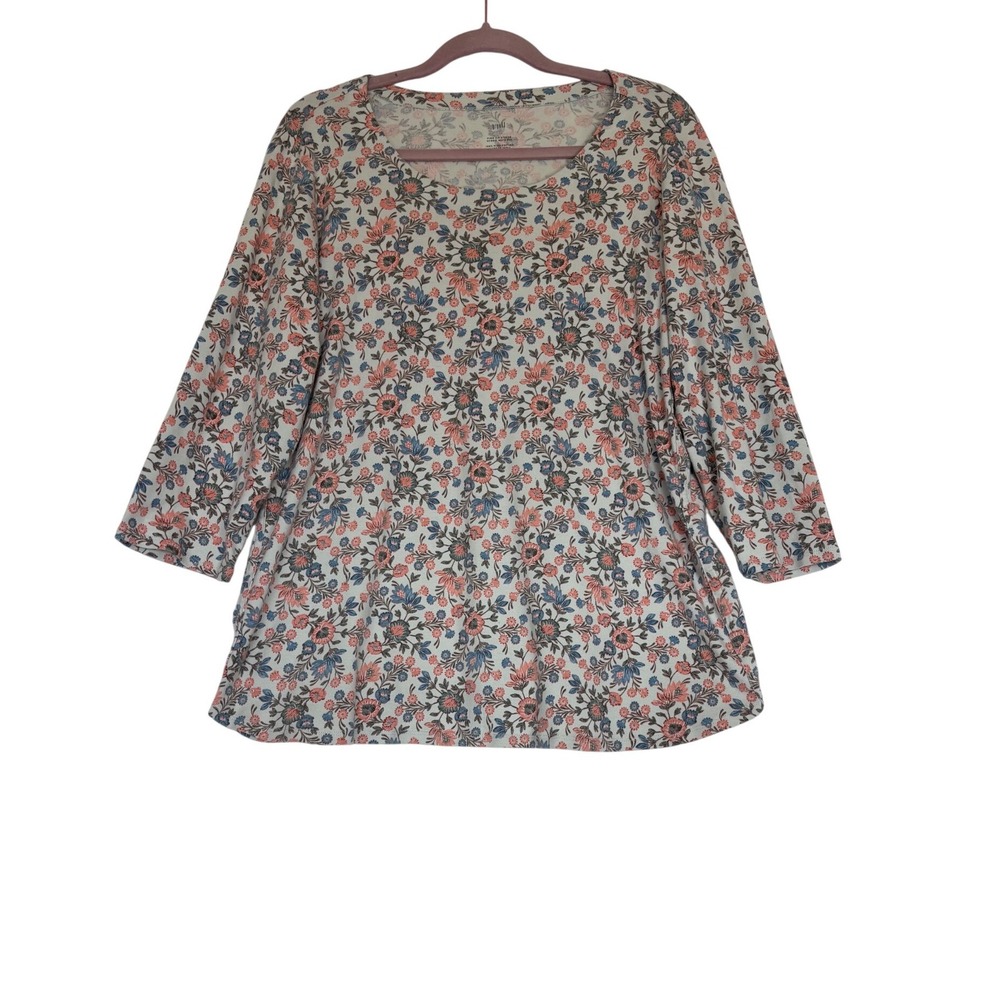 J. Jill Pima Cotton 3/4 Sleeve Scoop Neck Floral Tee Top Coral Blue 2XL - Picture 1 of 6